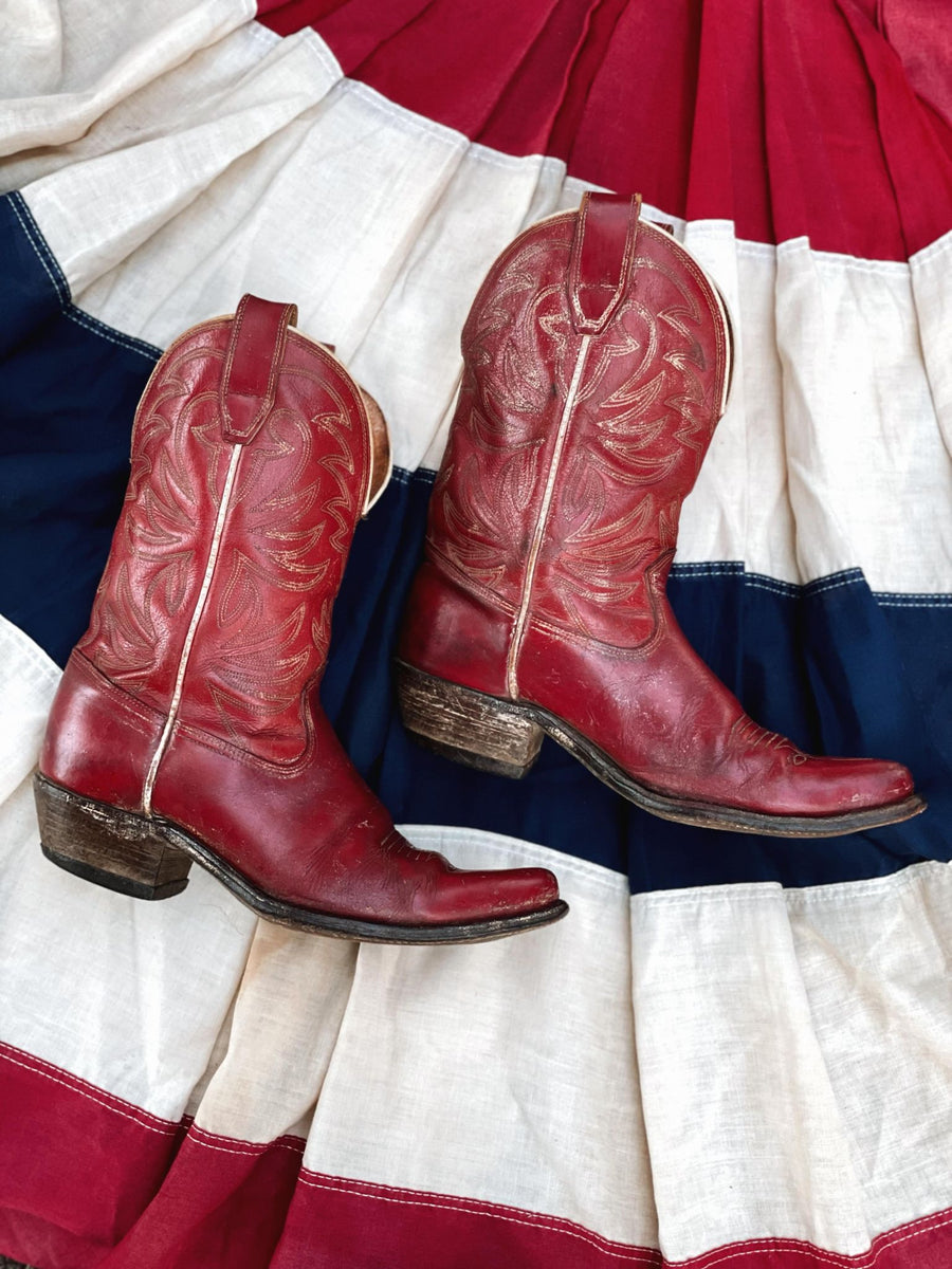 Real Vintage Cowboy Boots, Red Genuine Leather Santiags, Cowgirl