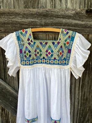 Handmade Chiapas Dress (White + Blue)