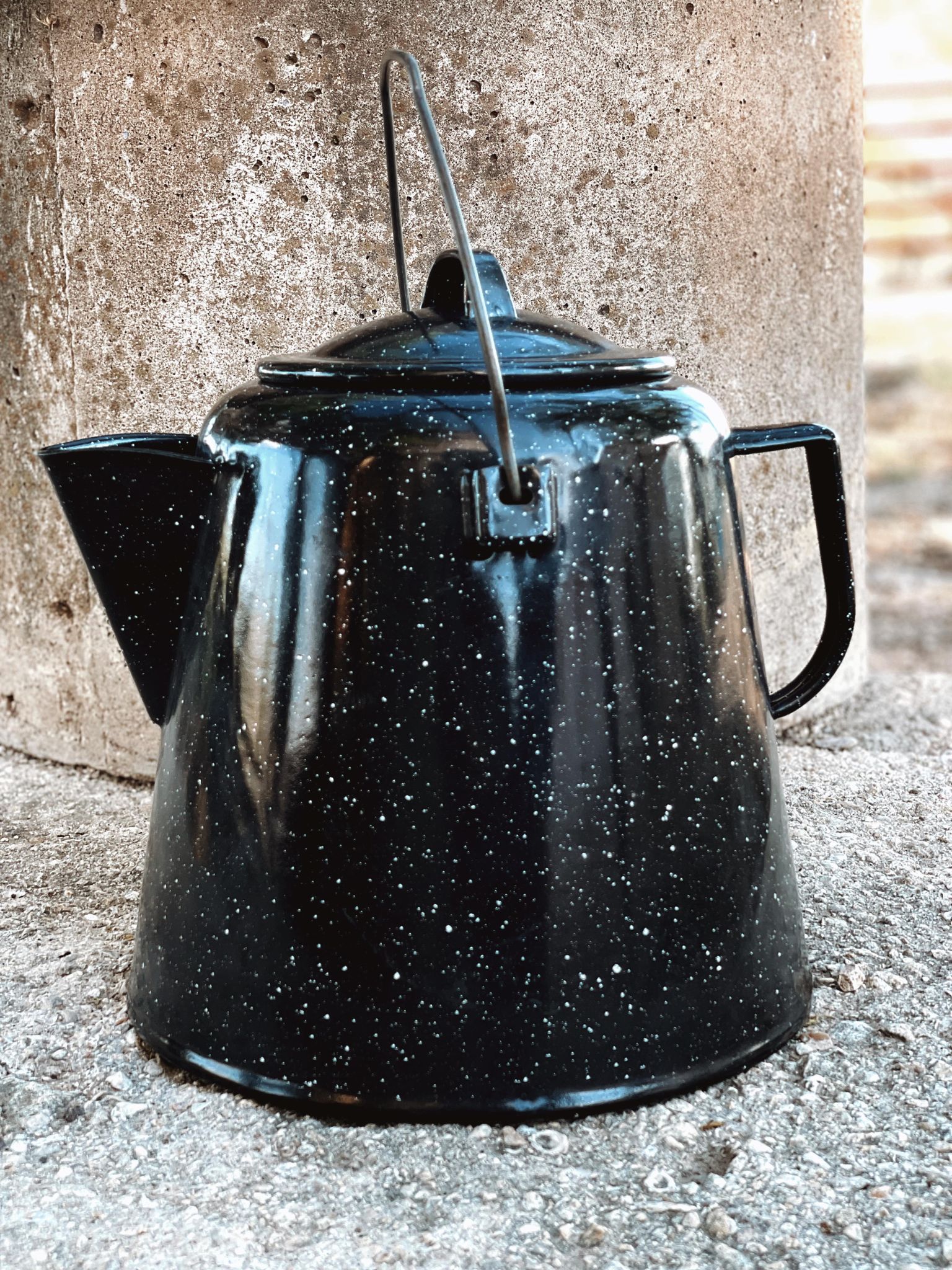 Large Vintage Enamel Ware White Black Handle Cowboy Coffee Pot Kettle  Enamelware