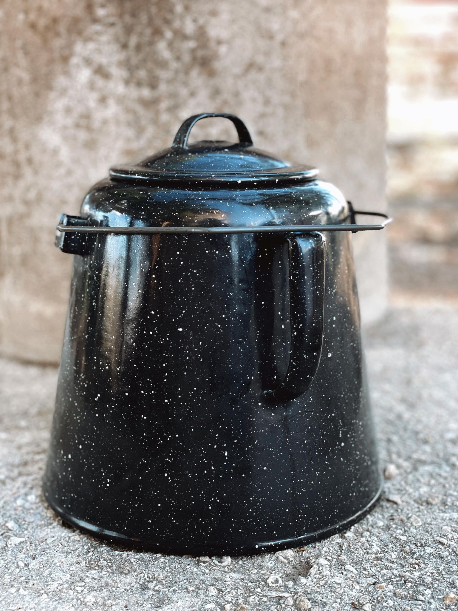 Black Vintage Speckled Graniteware Coffee Pot
